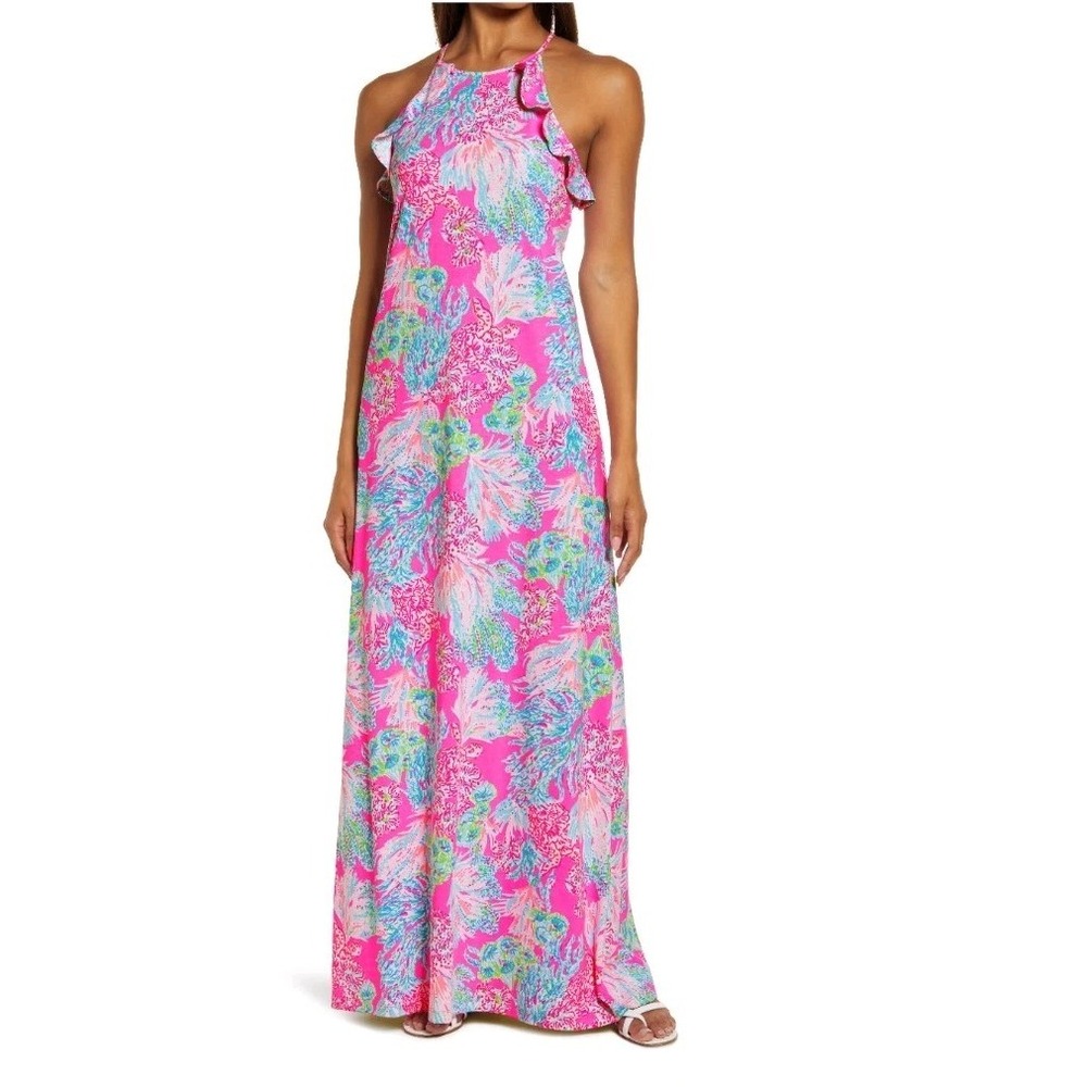 NWT Lilly Pulitzer XS Billie Halter Maxi Dress In Prosecco Pink Seaing Things
